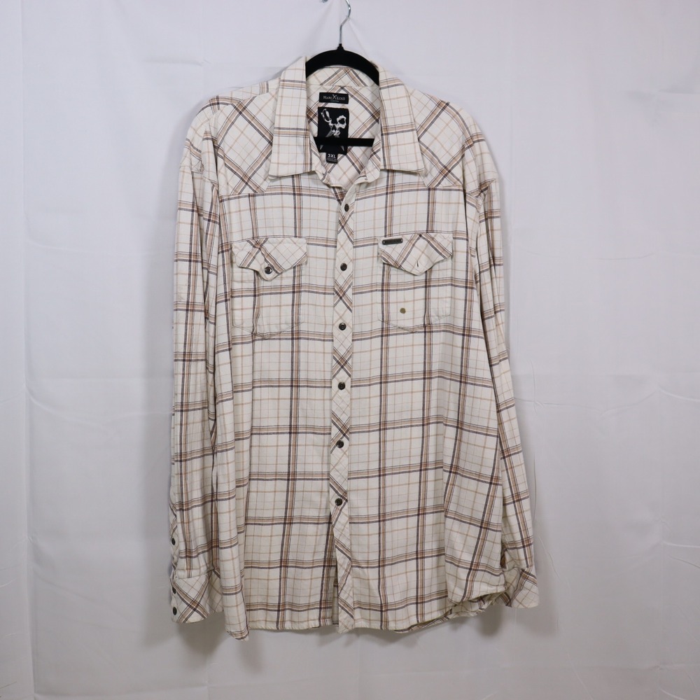 Marc Ecko Button Up Shirt 3XL Cream Mens Plaid Western Snap Flannel